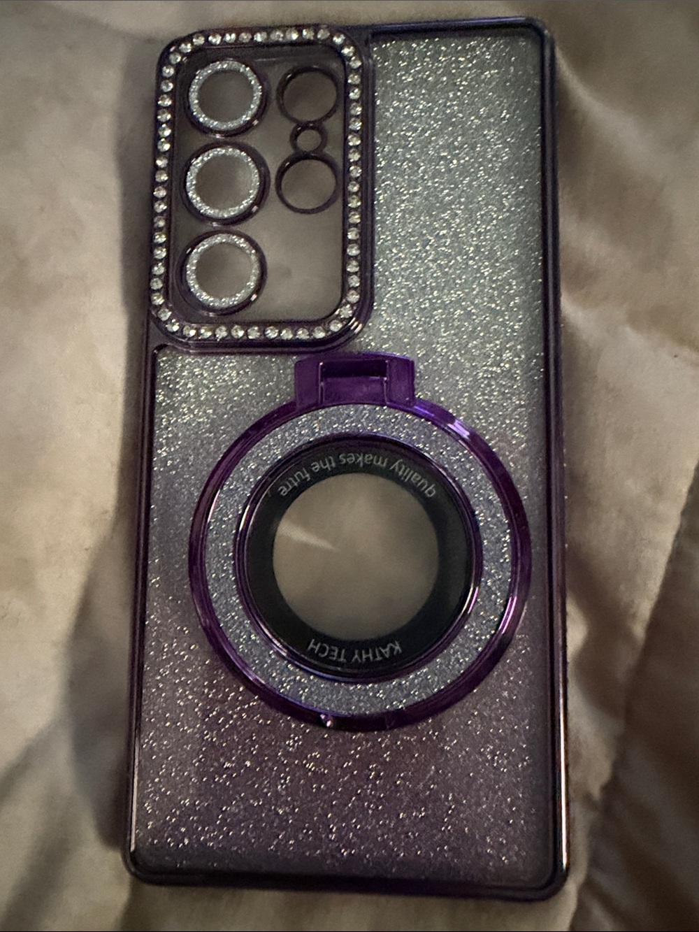 Glitter Purple Phone Case with Ring Holder and Rhinestone Camera Frame